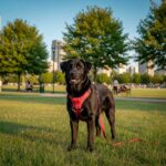 Un perro pasea con su arnés por el parque