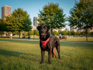 Un perro pasea con su arnés por el parque