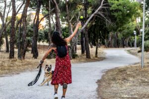 Una mujer le tira la pelota a su perro