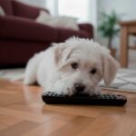 Una cachorra mordisquea el mando de la TV
