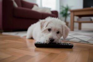Una cachorra mordisquea el mando de la TV